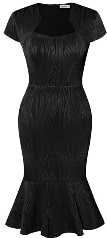 Womens Vintage Cap Sleeve Tweed Fishtail Pencil Dress Formal Casual Dresses Black