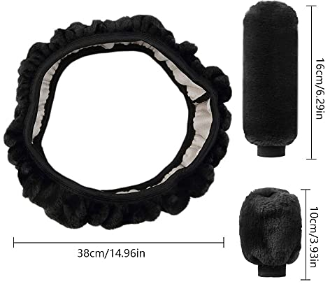 Funda de volante universal de felpa para volante de coche protección para el volante del coche cubierta de freno de mano cubierta de palanca de cambios funda de volante cálida para el invierno (negro)