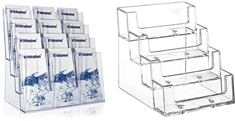 Prospektständer Tribüne für DIN A4, A5, DIN lang, DL, A6 Flyer, flexibler, transparenter Tischprospektständer als standfester Aufsteller, 4 Etagen & Visitenkartenhalter, 4 Etagen, transparent, 1 Stück