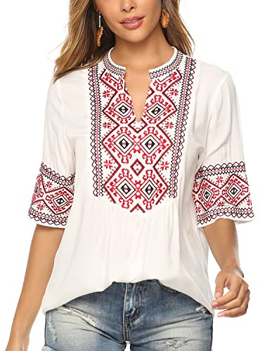 Seasonal Ucraina Camicetta estiva donna Tunica Ricamo folcloristico Tops Boho Hippie Maniche corte Top allentato(073,Bianco,L)