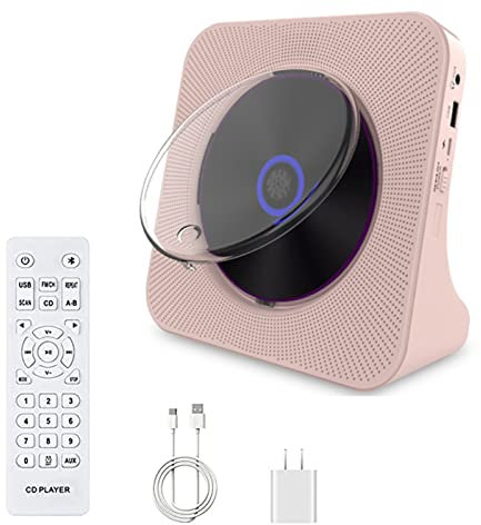 ALSUP Portable CD Player for Car,Music player home stereo boombox with LCD display and dust cover, built-in hi-fi speakers, with remote control,Pink-Rechargeable