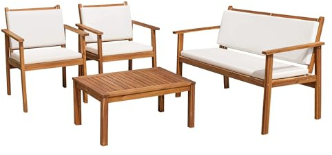 Flamaker Patio Furniture 4 Piece Outdoor Acacia Wood Patio Conversation Sofa Set with Table & Cushions Porch Furniture for Deck, Balcony, Backyard