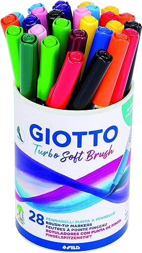 GIOTTO Turbo Soft Brush, Fasermaler mit weicher Pinselspitze, Metalldose, wasserlöslich, sortierte Farben, 28 Stück