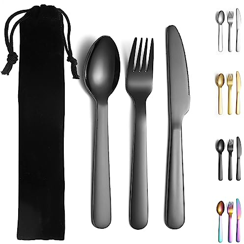 Evanda Svarta campingbestick inklusive kniv, gaffel, sked, svart titan pläterad rostfritt stål resebestick med svart väska, för utomhus, camping, resor.