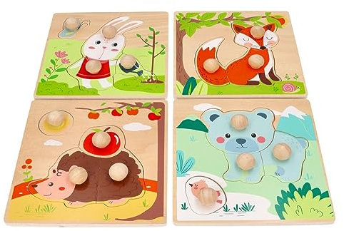 adam toys Holz-Steckpuzzle ab 1 Jahr, 4er Set, Kinder - Holzpuzzle, Thema Jahreszeiten, Tiere - Am Griff herausziehbar - Sensorisches Spielzeug - 3-4 Elemente pro Stück