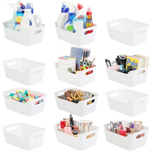 Tiawudi 12 Pack Storage Bins, Plastic Storage Containers, Multi-Use White Organizer Bins for Cabinet, Pantry, Drawer, Closet, Countertop or Shelves