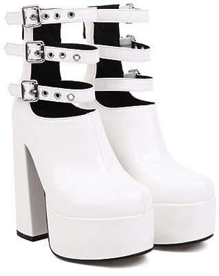 blingqueen Gothic Boots Punk Stiefeletten Kurzschaft Stiefel Plateau Blockabsatz Lederoptik Weiß 42 EU