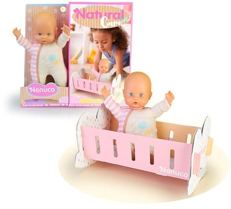 Nenuco Designs in natürlichen Farben, inklusive leicht zu montierendem Kinderbett aus Pappe, eine 25 cm große Babypuppe und weicher Körper (NFN81000)