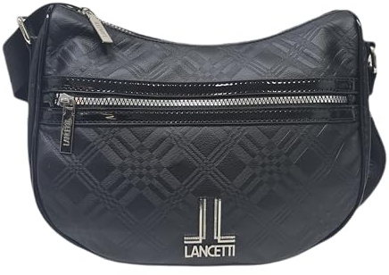 Borsa Donna LANCETTI Sacca Tracolla in Ecopelle Stampata riporti in Vernice Tracolla in Tessuto Personalizzata Regolabile Dimensioni: 31 X 21 X 13 cm. ART. LB23W-100-4 LINEA HAYA (NERO)