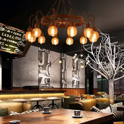 RuiRfh Kronleuchter Retro Esszimmer E27 Großes Wagenrad Pendelleuchte 8 Lichter Bauernhaus Eisen Hängelampe Antike runde Metallleuchten Rustikale Schlafzimmer Wohnzimmer Foyer Korridor Schwarze Ausfüh