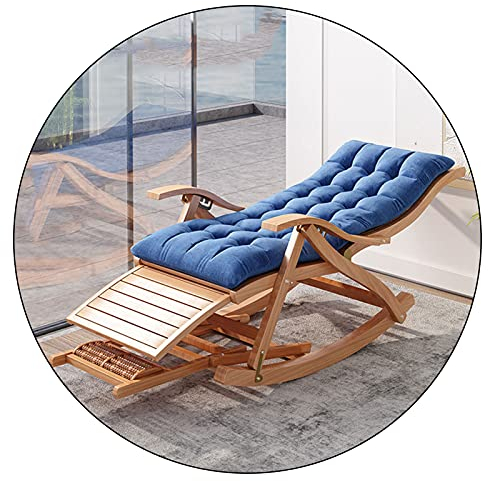 Generisch Klappbarer Schaukel-Garten-Liegestuhl aus Bambus, mit abnehmbarem blauen Baumwollkissen und Teleskop-Fußteil, Verstellbarer Lazy Chair, Belastung 200 kg