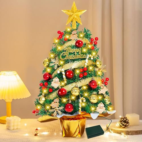 AQXONG Mini Albero di Natale da 55 cm, Mini albero di Natale con 30 Luci LED Gialle Calde, Albero di Natale Artificiale, Piccolo Albero di Natale da Scrivania, Perfetto per Natale, Casa e Cucina