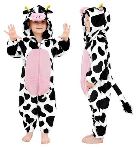 LOLANTA Unisex Baby Animal Costume Toddler Boys Girls Hooded Onesie Jumpsuit Halloween Cow Costume (Cow, 4-5T)