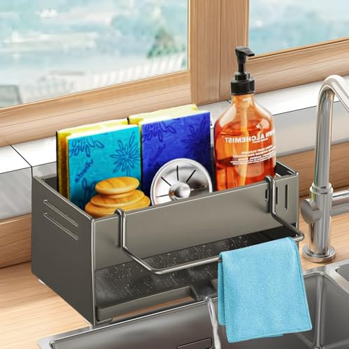 Spülbecken Organizer, Sink Caddy Kitchen Organizer, Küchen Schwammhalter mit Selbstentleerender Ablaufwanne, Schwammhalter Spüllappenhalter Lappenhalter, Spülmittel Halterung für Küche, Bad, Schwarz