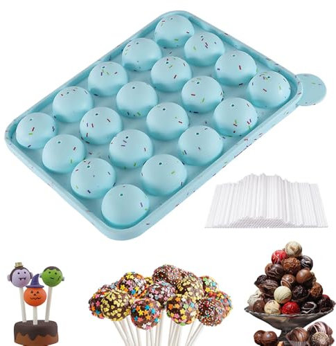1 stampo per torta in silicone, con 200 bastoncini, 20 cavità, in silicone, per caramelle, lecca-lecca e cupcake, dimensioni 22,5 x 18,5 x 2,5 cm, blu