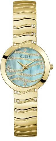 Guess Laguna Damen Uhr 30 mm Edelstahl – Quarz Analog Armbanduhr Edelstahlarmband Gold, Fashion Uhr Damenuhr Türkis, 5 bar GW0871L2