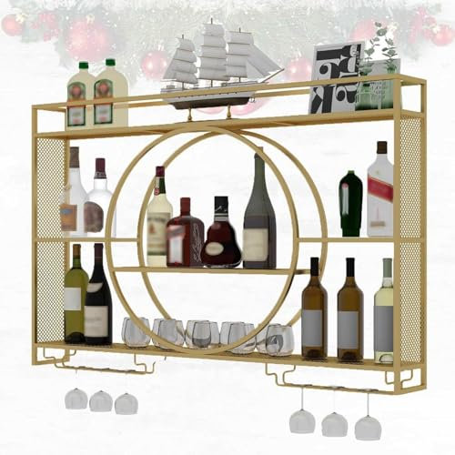 Weinglasregal Gold Wandregal - Retro Home Bar Einheit mit Türen Glashalter - Bar Zubehör für Kneipe Flaschenregal