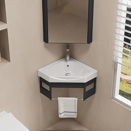 Hynbdes Lavello in ceramica Lavello da bagno a parete lavabo angolare, Lavabo ad angolo in ceramica per piccoli spazi, Lavandino bagno, per cucina, WC, bagno, caravan, bianco Nero-43 * 43