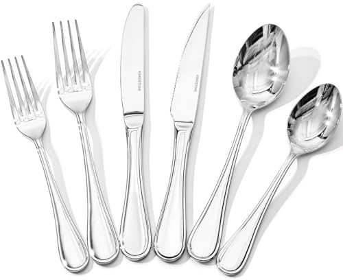 KINGSTONE 24 Piece Teardrop Silverware Set with Steak Knives, 18/10 Stainless Steel Flatware Set for 4, Modern Design Cutlery Set for Home/Hotel/Wedding,Mirror Polished and Dishwasher Safe