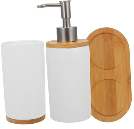 Juego de Accesorios de Baño Color Blanco Bambú de Cerámica 1 Set | Botella en Simple y Clásico , para Estilo y 350ml 430ml Vaso de Encimera Tocador Baño