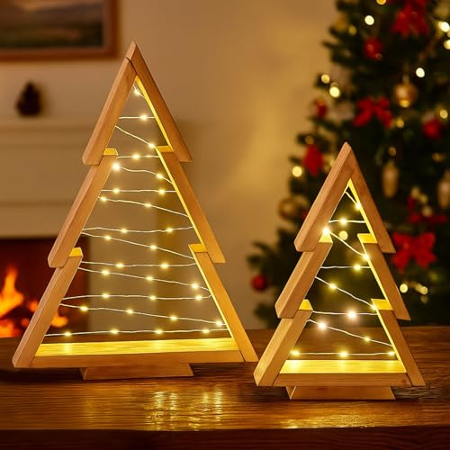 Weihnachtsfiguren Klein Holz mit LED Lichter, Weihnachtsdeko Figuren Beleuchtet Weihnachtsbaum Lichterkette, Weihnachtsdeko Innen Tisch Deko Holzfiguren, Tannenbaum Weihnachtsfigur Dekofigur 2PCS