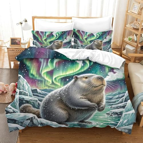 QIAVXZIP 3D Imprimé Castor Sets Housse De Couette 3Pcs Parure De Lit avec 2 Taie d'oreiller Fermeture Éclair Microfibre Double（200x200cm）