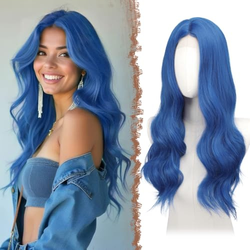 FESHFEN Perücke Blau für Damen Synthetik Lace Front Gewellt Perücken | 60 cm Lange Wellig Bunte Haarperücke Kunsthaar Natürlich Hitzebeständig Wig für Täglich Karneval Cosplay Party