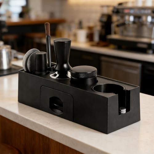 Tamper Station 51-58mm con Cajón de Almacenamiento - alouweekuky, Universal Kit Cafe Barista Prensador de Cafe Station en ABS Soporte para Manipulación de Café para Portafiltros, Tamper y Distribuidor