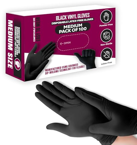 gzzhongheng Black Vinyl Gloves Medium – Pack of 100 Disposable Gloves | Powder & Latex Free Food Safe Gloves for Cleaning, Catering, Hair Dye, Beauty, Workshop & Professional Use