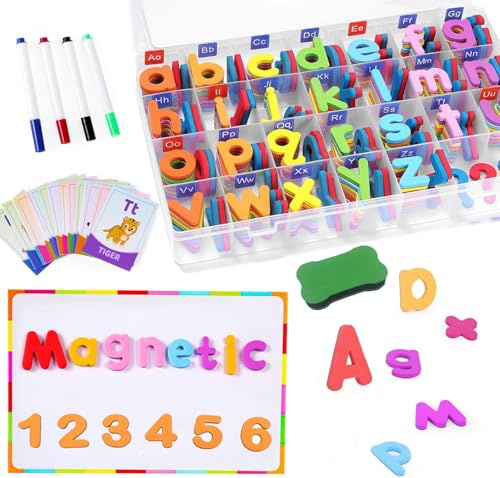 Magnetic Letters & Numbers for Children - Thick Foam Fridge Magnets, 234 Letters & 10 Numbers with Magnetic Board, Storage Box, 4 Pens & Eraser | Educational Spelling & Counting Toys