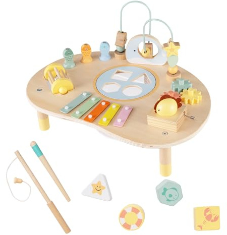 FANTASK Mesa de Actividades de Madera, Mesa de Motor Montessori para niños a Partir de 1 año, Juguete Educativo con bucles Motores, Juego de Pesca, xilófono, Caja de música y clasificador de Formas