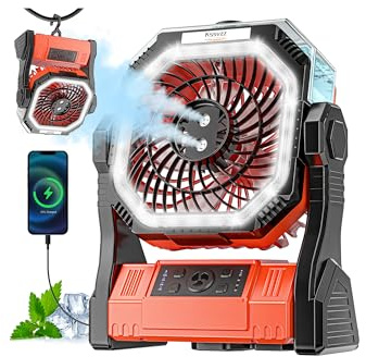 Kssvzz Ventilatore da campeggio con Nebulizzatore e Timer, 20000 mAh Ventilatore Ricaricabile con 4 velocità, USB Ventilatore da Tavolo con luce LED, Alimentato a batteria per Viaggi, Picnic, Pesca