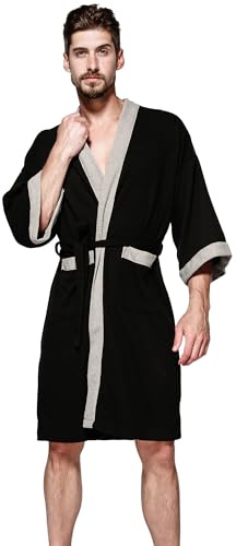 Haseil Men's Turkish Cotton Bathrobe Terry Cloth Kimono Robe Lightweight Waffle Robe Knee Length Bathrobe, Black, Large