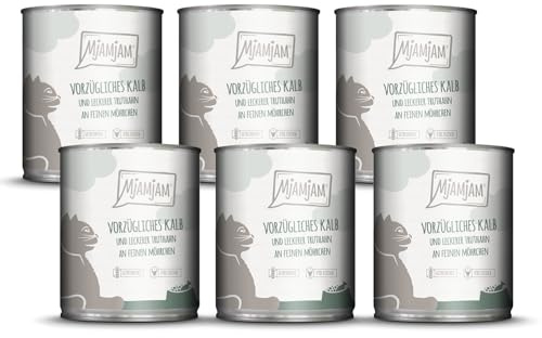 MjAMjAM - Premium Nassfutter für Katzen - vorzügliches Kalb & Truthahn an feinen Möhrchen, 6er Pack (6 x 800 g), getreidefrei mit extra viel Fleisch