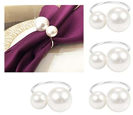 Anloo Perlen Serviettenringe Schnallen, Silber Gold Serviette Schnallenhalter für Weihnachten, Familientreffen, Dinnerparty, Hochzeitsdekoration (Silber-4 PCS)