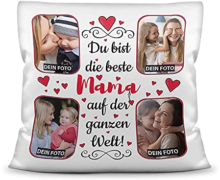 Print Royal Kissen mit Füllung zum selbst Gestalten mit 4 Fotos - Für die Beste Mama - Hochwertige Kissenhülle mit Reißverschluss, Weiß, 40 x 40 cm