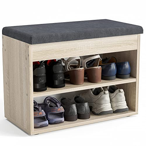 Komto Banc à Chaussures avec Assise Rembourrée – Meuble de Rangement Chêne Sonoma 60 x 48 x 32 cm pour Entrée, Couloir ou Chambre, Rangement Compact avec Coffre