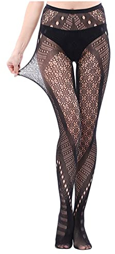 EROSPA® Extravagant asymetrisch gemusterte Strumpfhose Rosen Blumen Streifen - Damen - Einheitsgröße -Schwarz