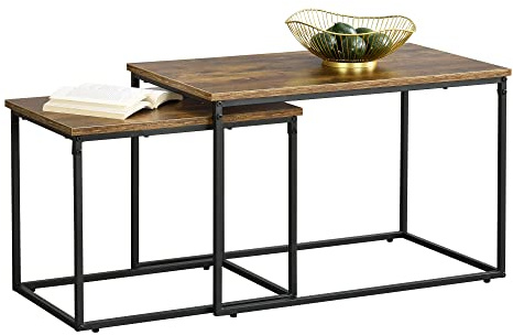 Juego de 2 Mesas de Cafè Härnösand de Acero Sinterizado y Tablero de Fibras en Negro y Efecto Madera Tono Oscuro Mesa Baja al Salòn