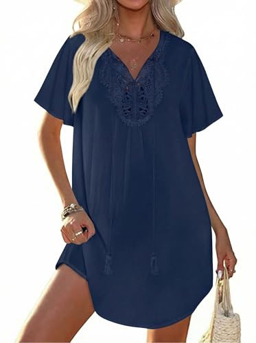 Ekouaer Women's Beach Cover Up,Solid Color V-Neck Bikini Cover Up,Lace Crochet Swimsuit Cover Up Navyblue M