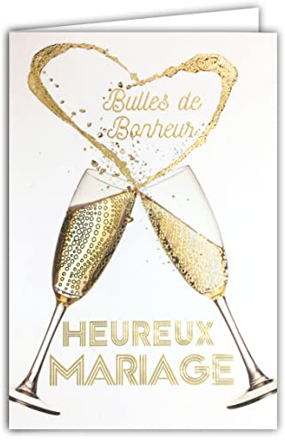 63-1155 Carte Heureux Mariage - Félicitations 2 Flutes Champagne Cœur Bulles de Bonheur en Or Doré Brillant Scintillant Chic - Enveloppe Incluse - Fabriquée en France
