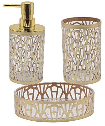 Vetrineinrete® Set Accessori Bagno 3 Pezzi oro stile contemporaneo con Dispenser Sapone Bicchiere portaspazzolino piattino portasapone
