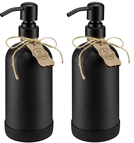 ALTGLAS Dispenser di Sapone Liquido 'Sarajevo' da Bottiglia di Vetro Nero con Sottobicchiere in Silicone e Pompa in Acciaio Inox in Colore Nero (2 pezzi da 500 ml)