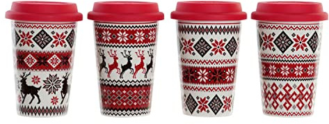 DKD Home Decor Taza con Tapa de la Marca, Color Rojo, de Silicona y Porcelana (9,7 x 9,7 x 16 centímetros) (4 Unidades)