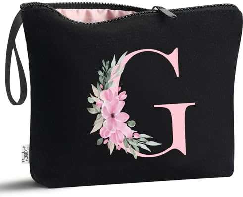 Vavabox Beauty case con iniziali personalizzate dalla A alla Z, regalo di compleanno per donne, regalo per sposa, damigella d'onore (G, 01-Nero)