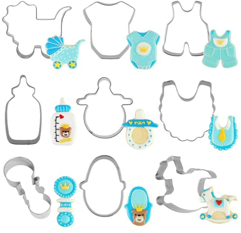 Bianriche Juego de 9 cortadores de galletas de cumpleaños para bebé, ropa de cochecito de bebé, cortador de galletas, moldes de metal de acero inoxidable para decoración de pasteles de sándwich de