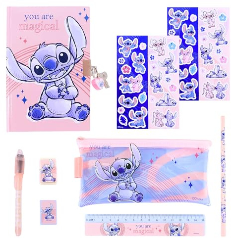 Disney Stitch Ensemble de Papeterie, Comprenant Un Cadenas pour Journal Intime avec Clés, Stylos, Autocollants, Gomme, Taille-Crayon, Règle, Ensemble de Papeterie Cadeau Filles