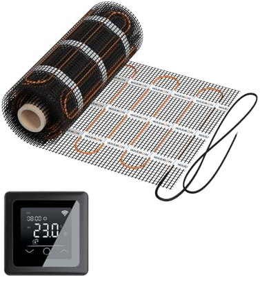 Elektrische Fußbodenheizung: Zweiader-Heizmatte WARMON CLASSIC LIGHT 100 W/m² für Fliesen mit Touch Thermostat 750-Serie, Thermostat:MCS 750 WiFi - Schwarz, Mattengröße:6 m²