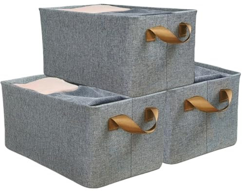 Aufbewahrungsbox Stoff, 3er Set Faltbare Kleiderschrank Organizer 31×20×16 cm, Aufbewahrungskorb mit Griffen, Grau Faltbox mit Metallträger, Stoffboxen Aufbewahrung für Schrank, Regal, Kleidung