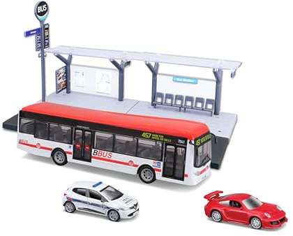 Bburago - Playset Transports Publics à l’échelle 1/64 - Bus, Tram, Station + 2 Véhicules - Jouet éducatif pour Enfant - Modèles aléatoires - Développe Imagination et créativité